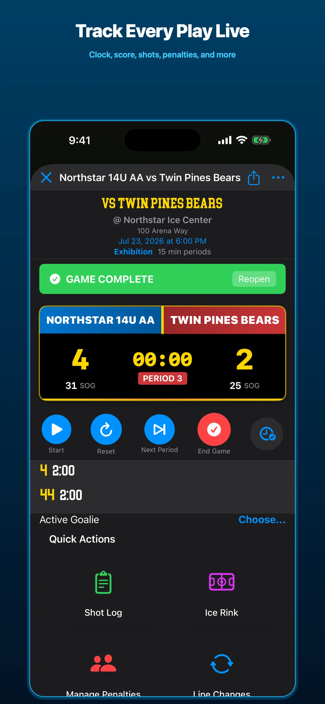 Live hockey scorekeeping with clock, score, shots, penalties, and quick actions