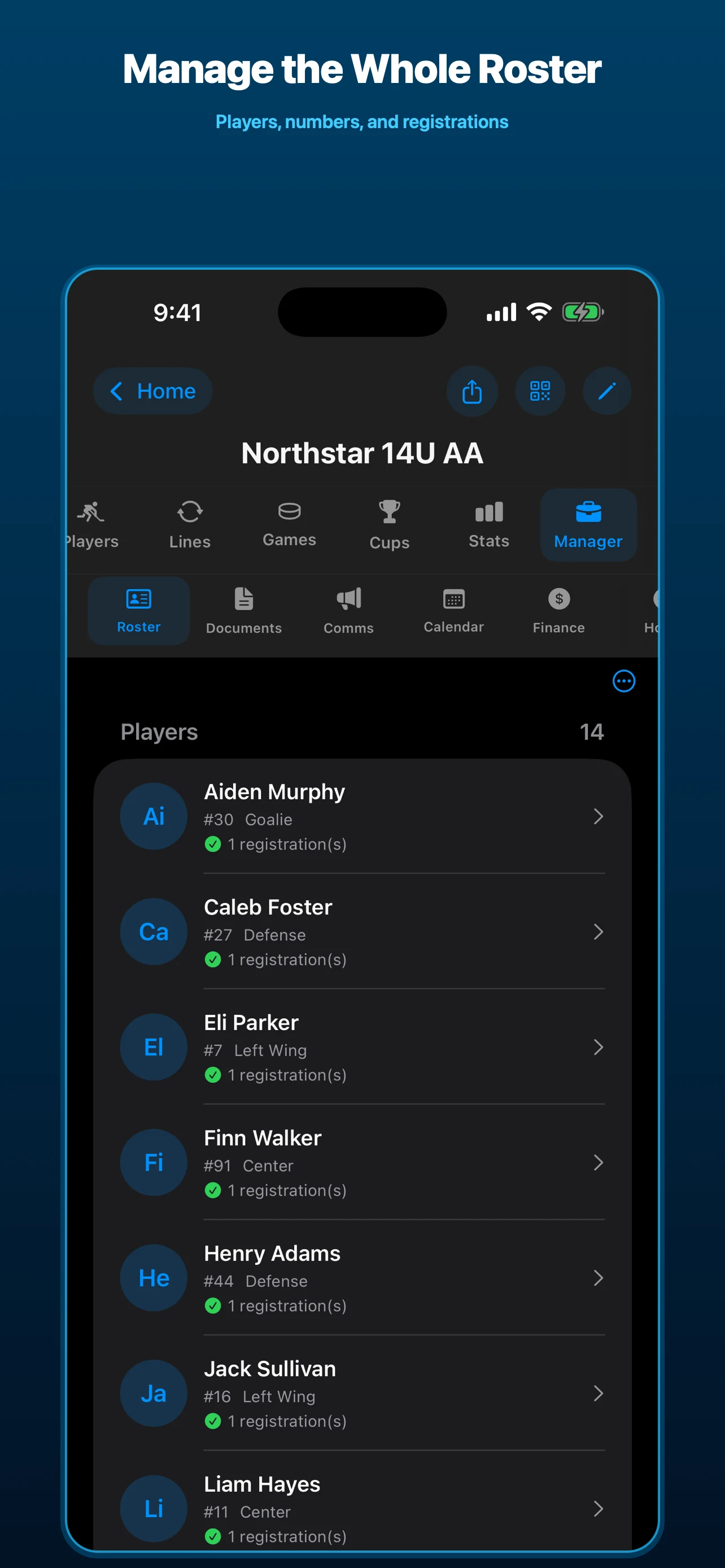 IceMetrics roster manager with players, numbers, positions, and registrations