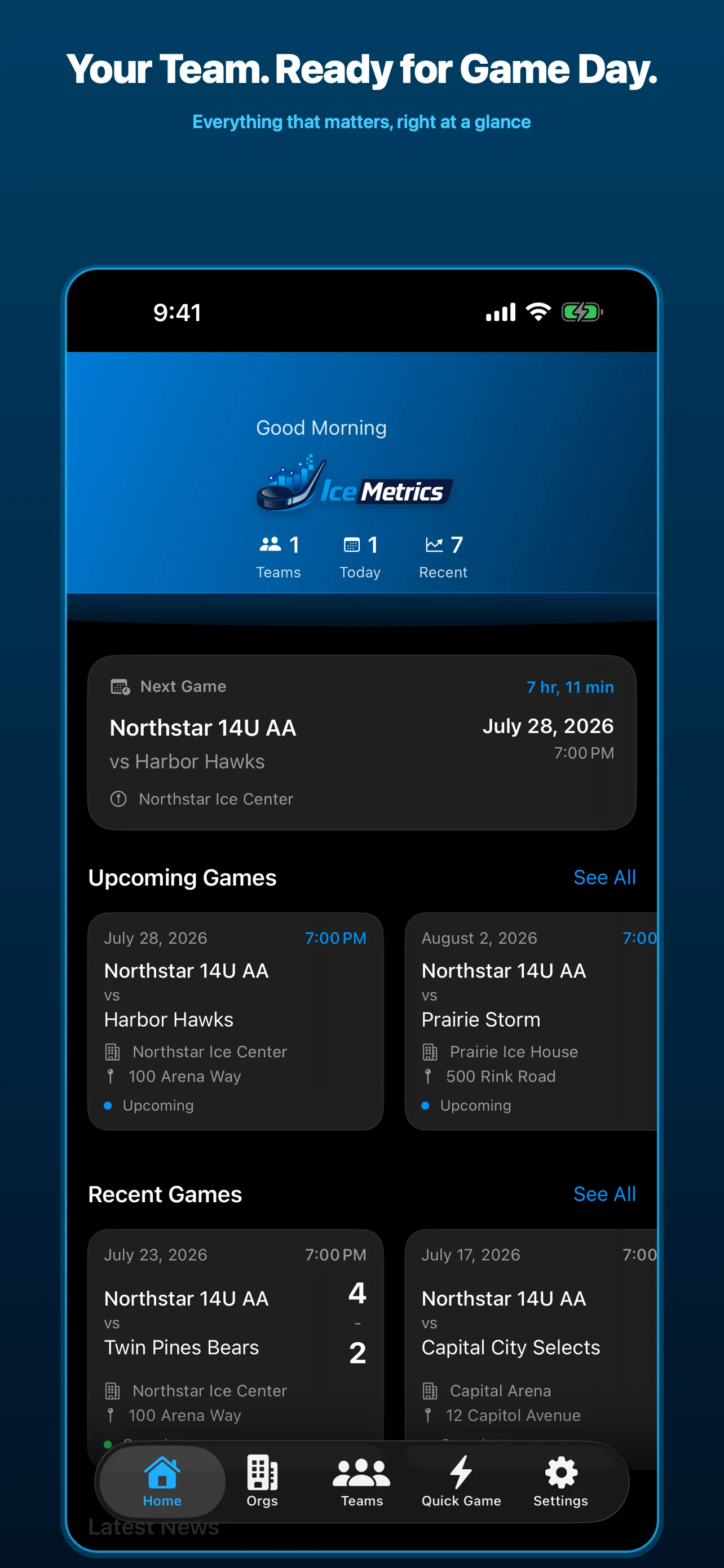 IceMetrics home dashboard showing the next game, upcoming games, and recent results